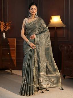 Libas - Green Beads Woven Design Saree With Blouse Piece