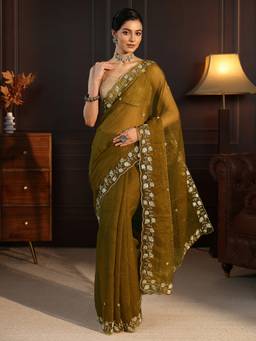Libas - Gold Beads Sequined Embellished Saree With Blouse Piece
