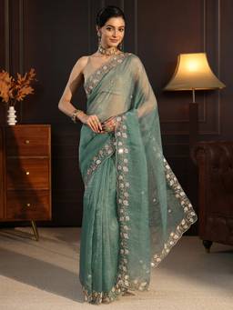 Libas - Green Beads Sequined Embellished Saree With Blouse Piece