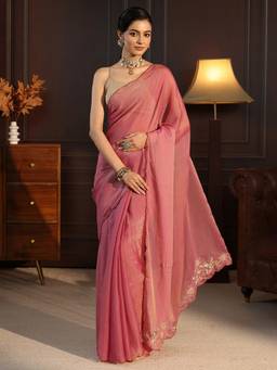Libas - Pink Solid Saree With Embellished Border And Blouse Piece