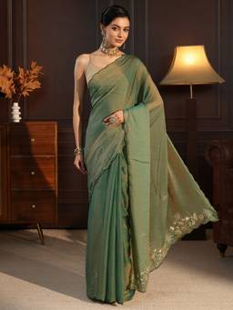 Libas - Green Solid Saree With Embellished Border And Blouse Piece