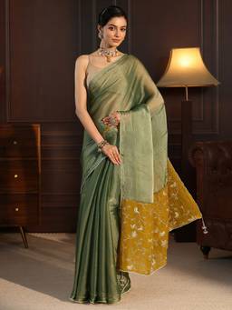 Libas - Green Beads Embellished Saree With Blouse Piece