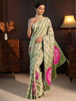 Libas - Green Floral Beads Printed Saree With Gota Patti Border and Blouse Piece