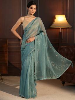 Libas - Blue Beads Sequined Embellished Saree With Blouse Piece