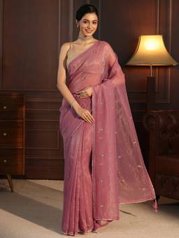 Libas - Mauve Beads Sequined Embellished Saree With Blouse Piece