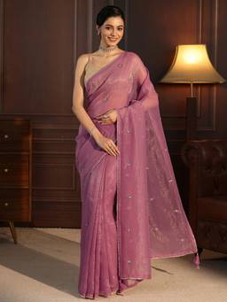 Libas - Purple Beads Sequined Embellished Saree With Blouse Piece