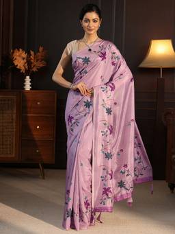 Libas - Purple Floral Embroidered Saree With Blouse Piece