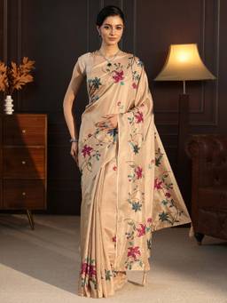 Libas - Beige Floral Embroidered Saree With Blouse Piece