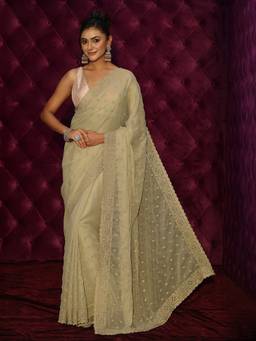 Libas - Green Ethnic Motif Zari Embroidered Saree With Blouse Piece