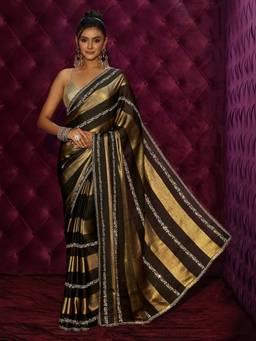 Libas - Black Striped Embellished Saree With Blouse Piece