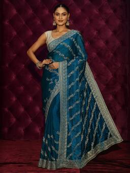 Libas - Teal Floral Zari Embroidered Saree With Blouse Piece