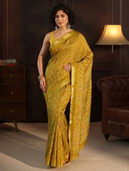 Libas - Mustard Floral Printed Saree With Woven Design Boder And Blouse Piece