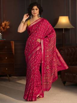 Libas - Pink Floral Printed Saree With Woven Design Boder And Blouse Piece