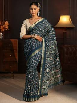 Libas - Teal Floral Printed Saree With Woven Design Boder And Blouse Piece