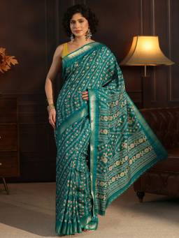 Libas - Green Floral Printed Saree With Woven Design Boder And Blouse Piece