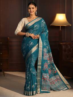 Libas - Green Floral Printed Saree With Woven Design Boder And Blouse Piece