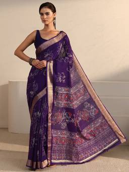Libas - Purple Floral Printed Saree With Woven Design Boder And Blouse Piece