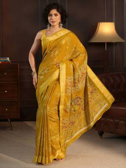 Libas - Mustard Floral Printed Saree With Woven Design Boder And Blouse Piece