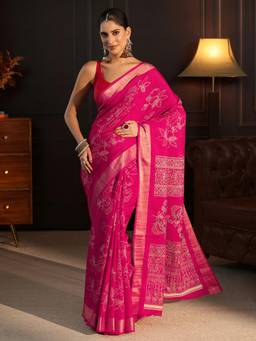 Libas - Pink Floral Printed Saree With Woven Design Boder And Blouse Piece