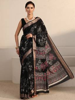 Libas - Black Floral Printed Saree With Woven Design Boder And Blouse Piece