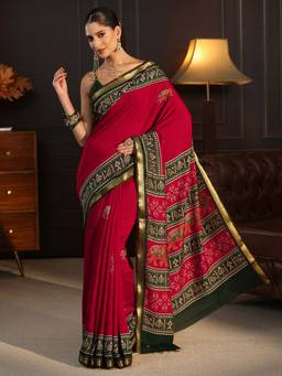 Libas - Red Ethnic Motif Printed Saree With Woven Design Boder And Blouse Piece