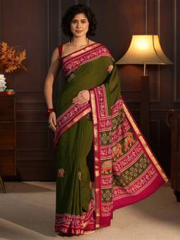 Libas - Green Ethnic Motif Printed Saree With Woven Design Boder And Blouse Piece