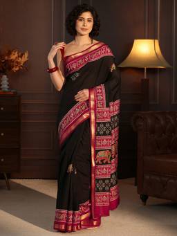Libas - Black Ethnic Motif Printed Saree With Woven Design Boder And Blouse Piece