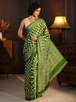 Libas - Green Polka Dot Printed Saree With Blouse Piece