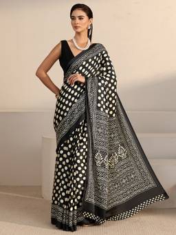 Libas - Black Polka Dot Printed Saree With Blouse Piece