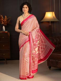 Libas - Cream Polka Dot Printed Saree With Blouse Piece