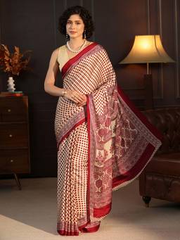 Libas - Cream Polka Dot Printed Saree With Blouse Piece