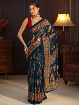 Libas - Blue Digital Printed Saree With Blouse Piece