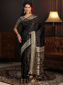 Libas - Black Floral Woven Design Saree With Blouse Piece
