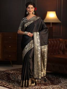 Libas - Black Solid Saree With Woven Design Border and Blouse Piece