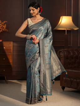 Libas - Teal Motif Woven Design Saree With Stone Work Woven Design Border And Blouse Piece