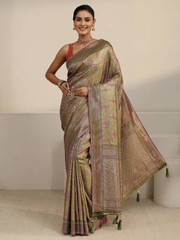 Libas - Green Motif Woven Design Saree With Stone Work Woven Design Border And Blouse Piece