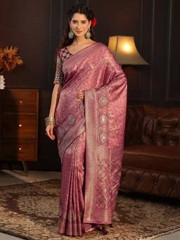 Libas - Mauve Motif Woven Design Saree With Stone Work Woven Design Border And Blouse Piece