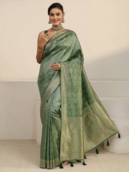 Libas - Green Motif Woven Design Saree With Stone Work Woven Design Border And Blouse Piece