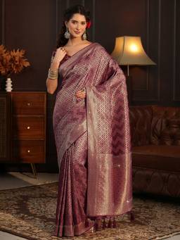 Libas - Mauve Motif Woven Design Saree With Stone Work Woven Design Border And Blouse Piece
