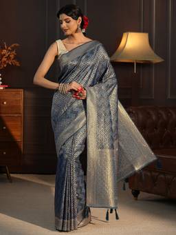 Libas - Blue Motif Woven Design Saree With Stone Work Woven Design Border And Blouse Piece