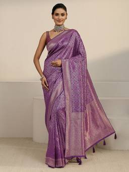 Libas - Purple Motif Woven Design Saree With Stone Work Woven Design Border And Blouse Piece