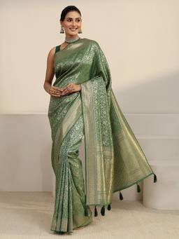 Libas - Green Floral Woven Design Saree With Stone Work Woven Design Border and Blouse Piece