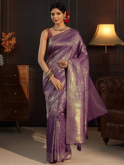 Libas - Purple Floral Woven Design Saree With Stone Work Woven Design Border and Blouse Piece