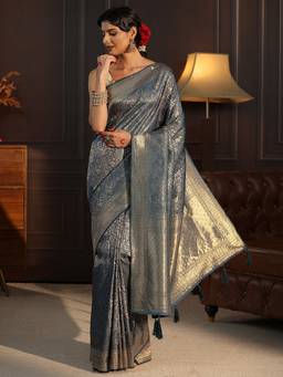 Libas - Blue Floral Woven Design Saree With Stone Work Woven Design Border and Blouse Piece