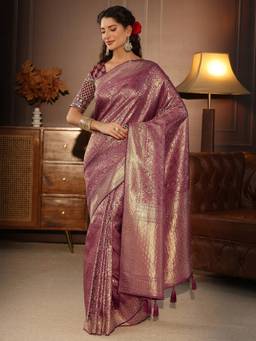 Libas - Mauve Floral Woven Design Saree With Stone Work Woven Design Border and Blouse Piece