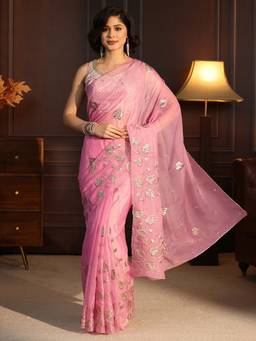 Libas - Pink Floral Foil Embroidered Saree With Blouse Piece