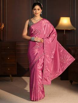 Libas - Pink Floral Sequence Embroidered Saree With Blouse Piece