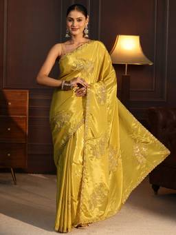 Libas - Mustard Floral Sequence Embroidered Saree With Blouse Piece