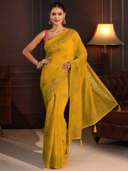 Libas - Mustard Embellished Saree With Blouse Piece