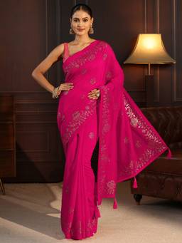 Libas - Pink Embellished Saree With Blouse Piece